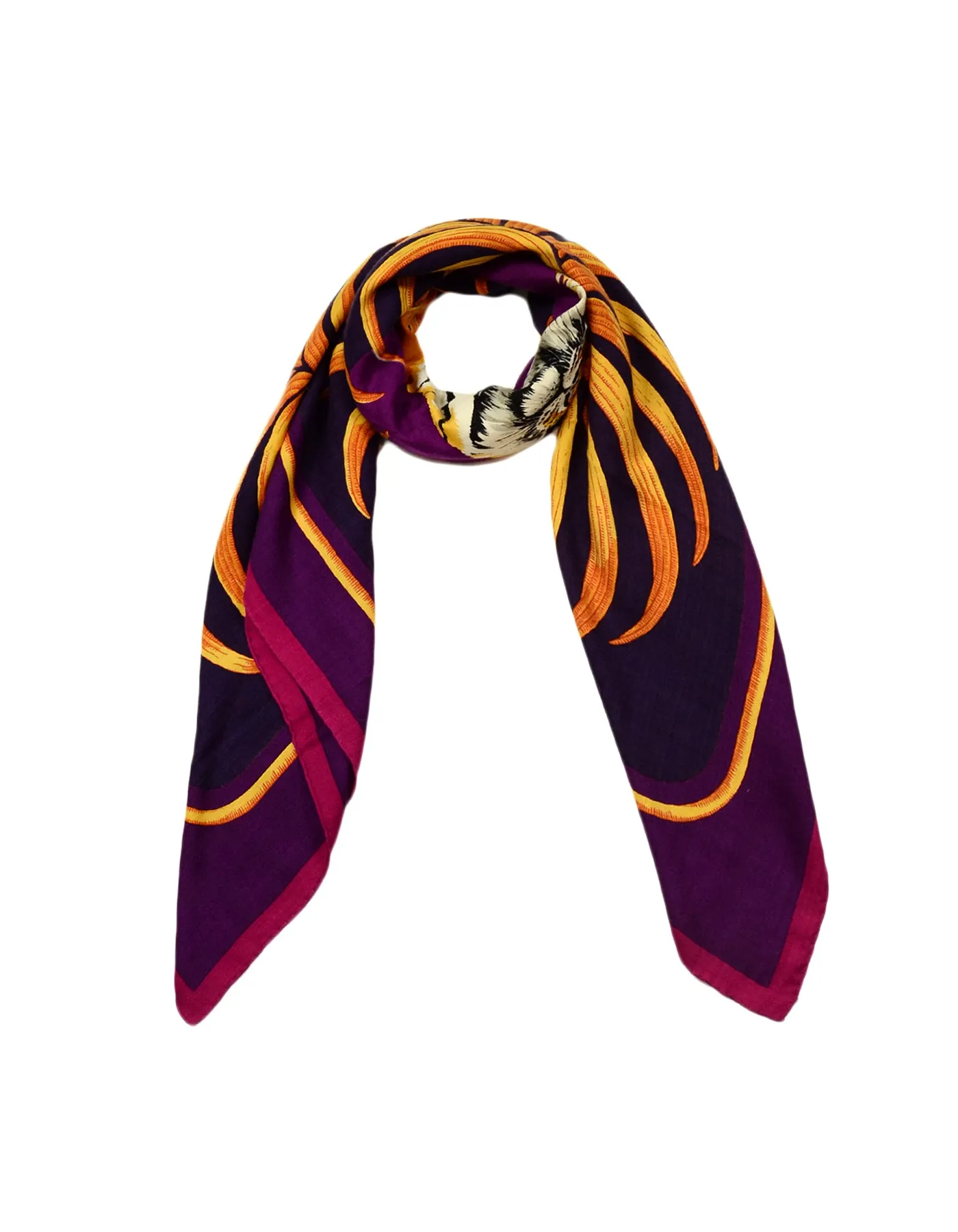 Hermes Purple Pink Royal Tiger Silk & Cashmere 140cm Shawl
