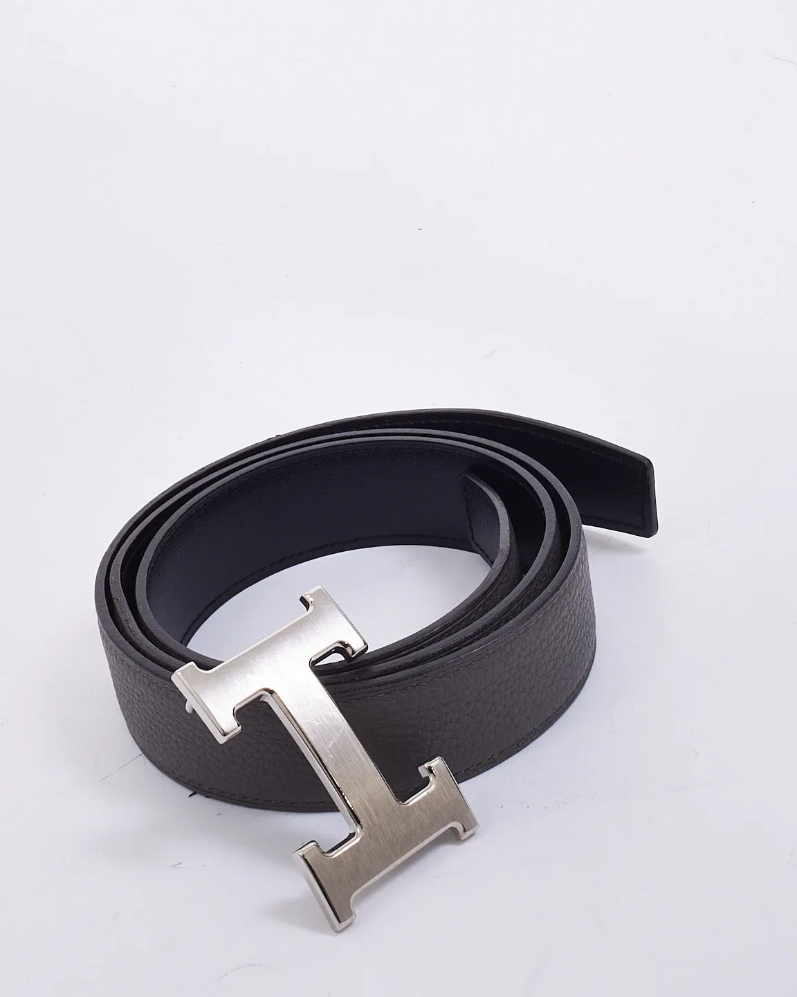 Hermès Grey & Black Leather Brushed Silver Buckle H Belt - 80