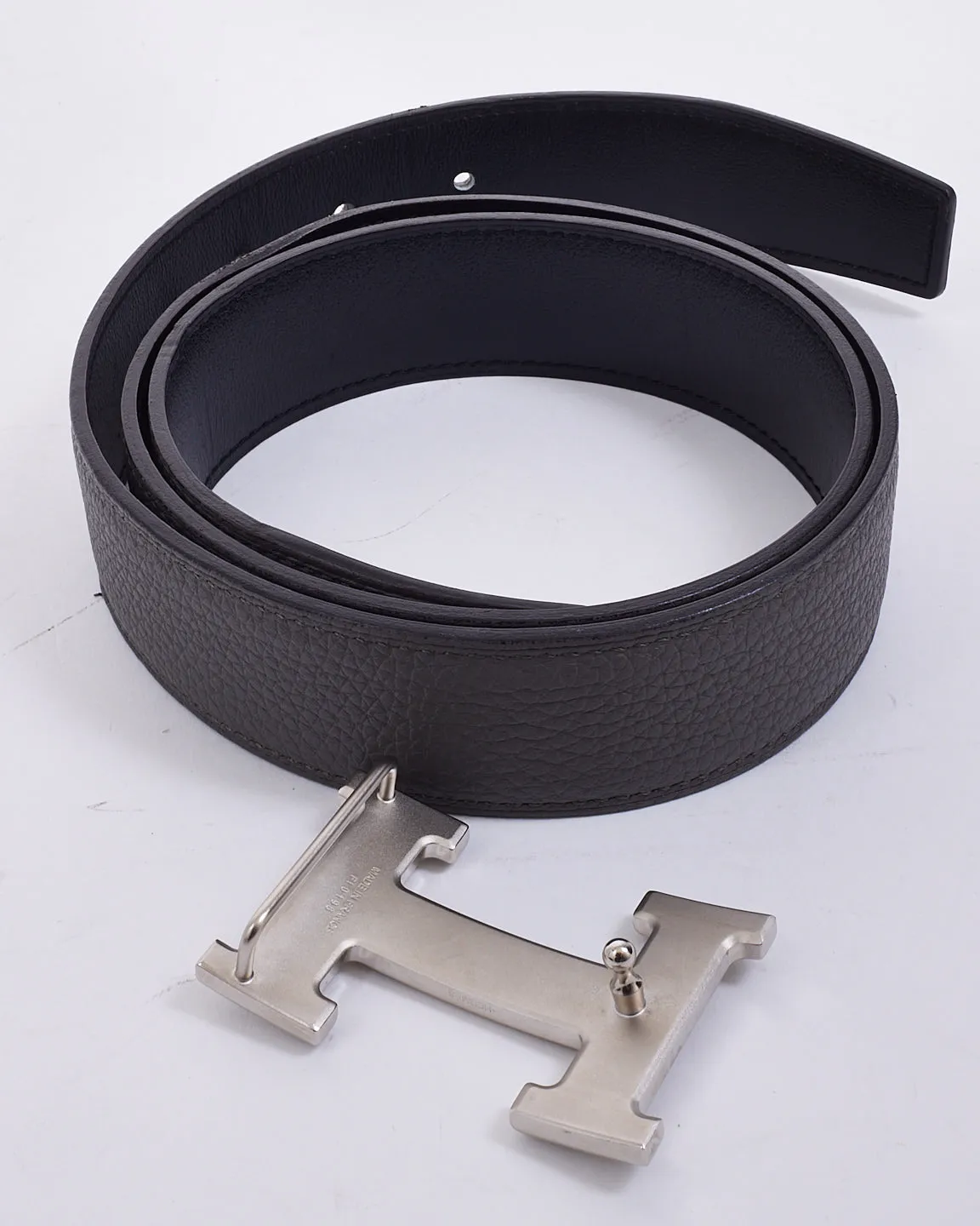 Hermès Grey & Black Leather Brushed Silver Buckle H Belt - 80