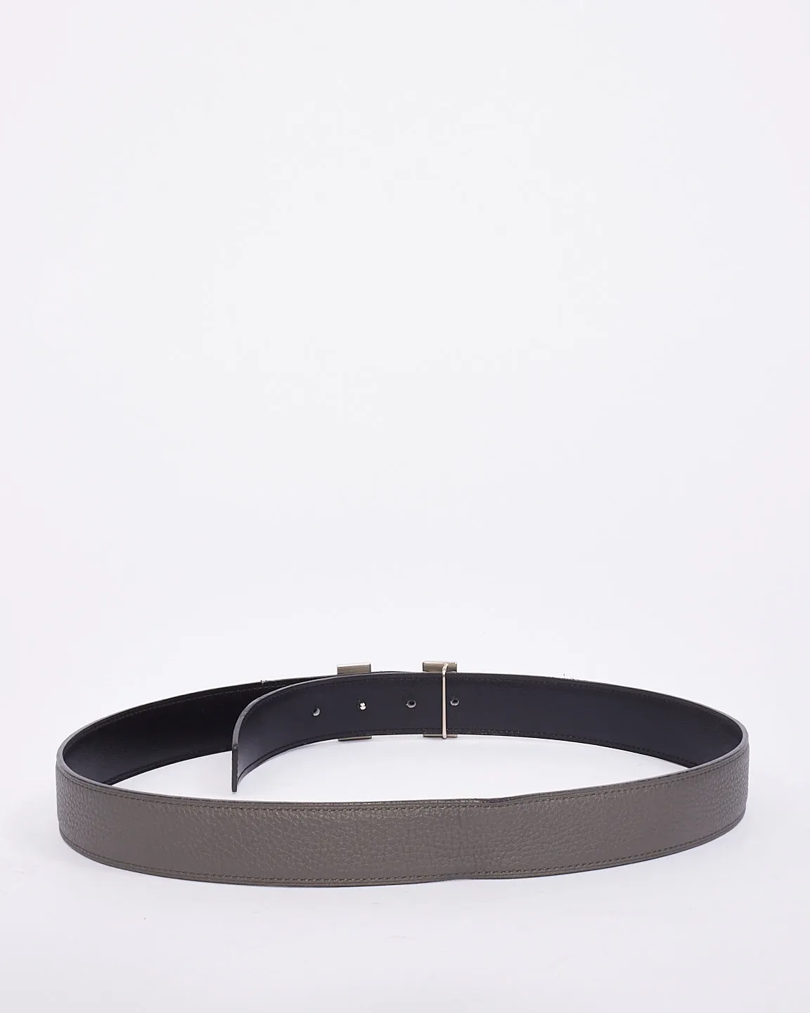 Hermès Grey & Black Leather Brushed Silver Buckle H Belt - 80