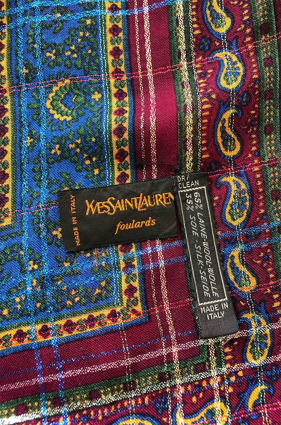 Huge 1970s Yves Saint Laurent Metallic Paisley & Plaid Fine Silk Wool Scarf