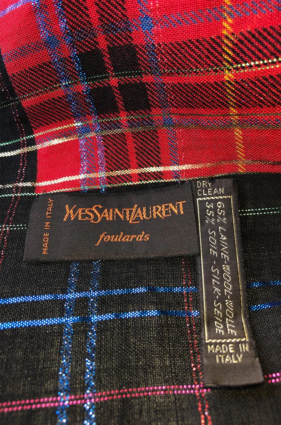Huge 1970s Yves Saint Laurent Metallic Plaid & Paisley Fine Silk Wool Scarf