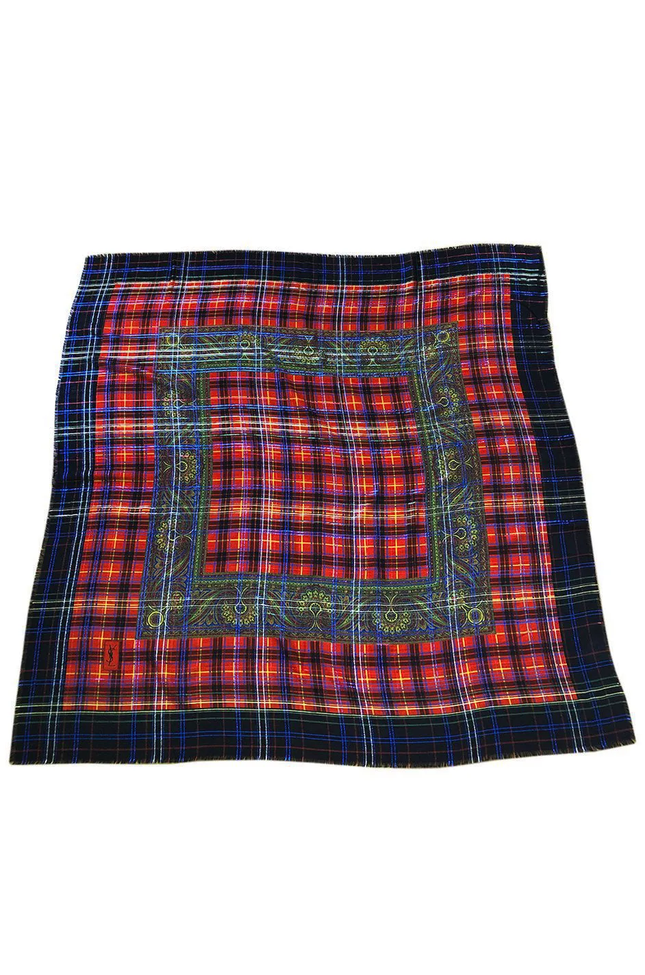 Huge 1970s Yves Saint Laurent Metallic Plaid & Paisley Fine Silk Wool Scarf