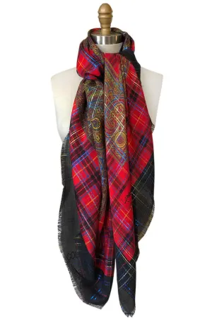 Huge 1970s Yves Saint Laurent Metallic Plaid & Paisley Fine Silk Wool Scarf