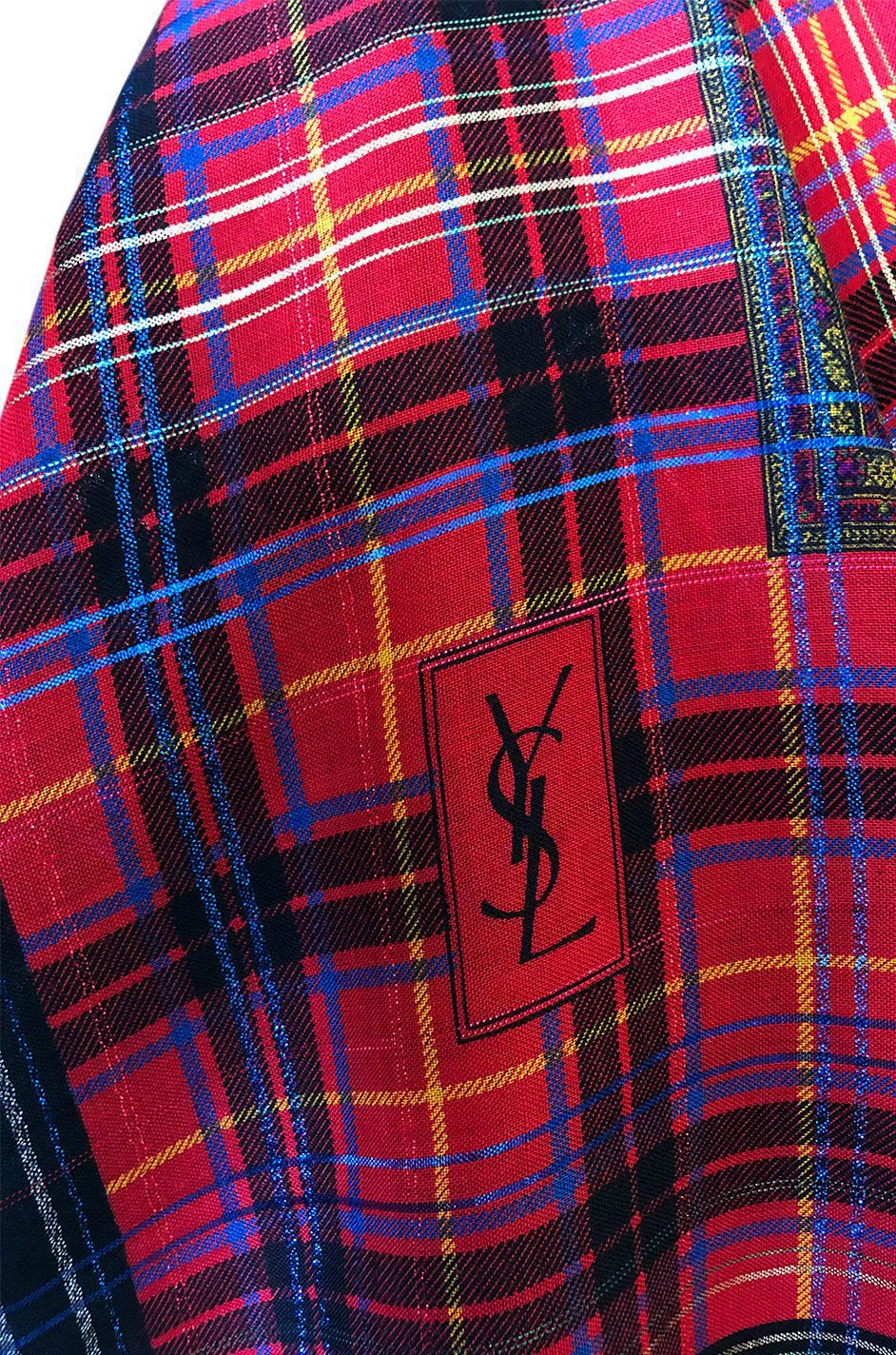 Huge 1970s Yves Saint Laurent Metallic Plaid & Paisley Fine Silk Wool Scarf
