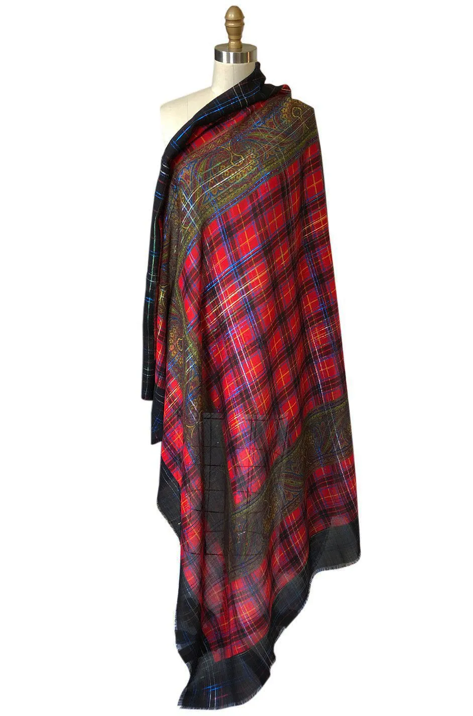 Huge 1970s Yves Saint Laurent Metallic Plaid & Paisley Fine Silk Wool Scarf