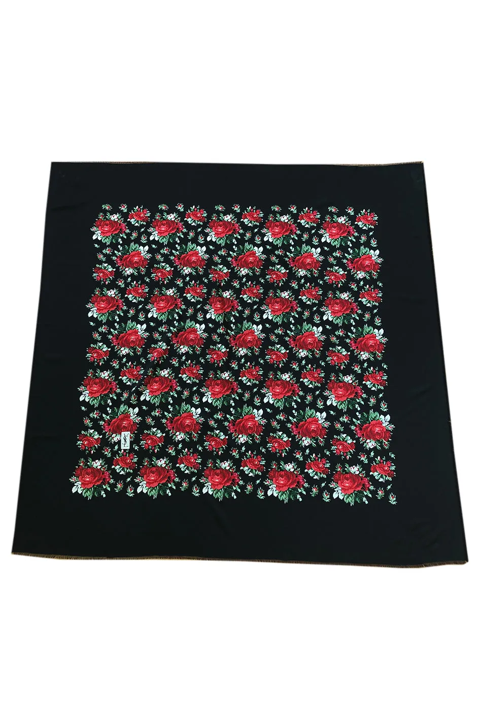 Huge 1970s Yves Saint Laurent Silk Red Rose Print Black Scarf