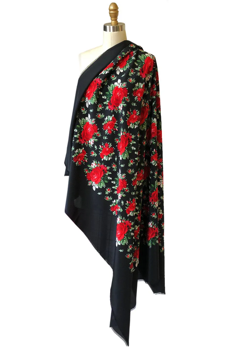 Huge 1970s Yves Saint Laurent Silk Red Rose Print Black Scarf