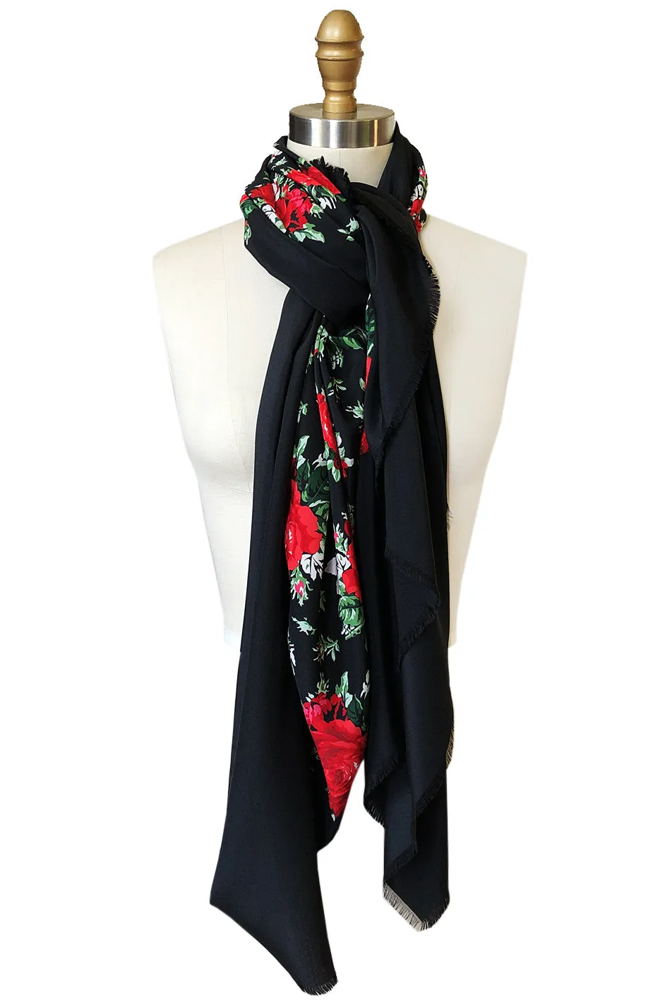 Huge 1970s Yves Saint Laurent Silk Red Rose Print Black Scarf