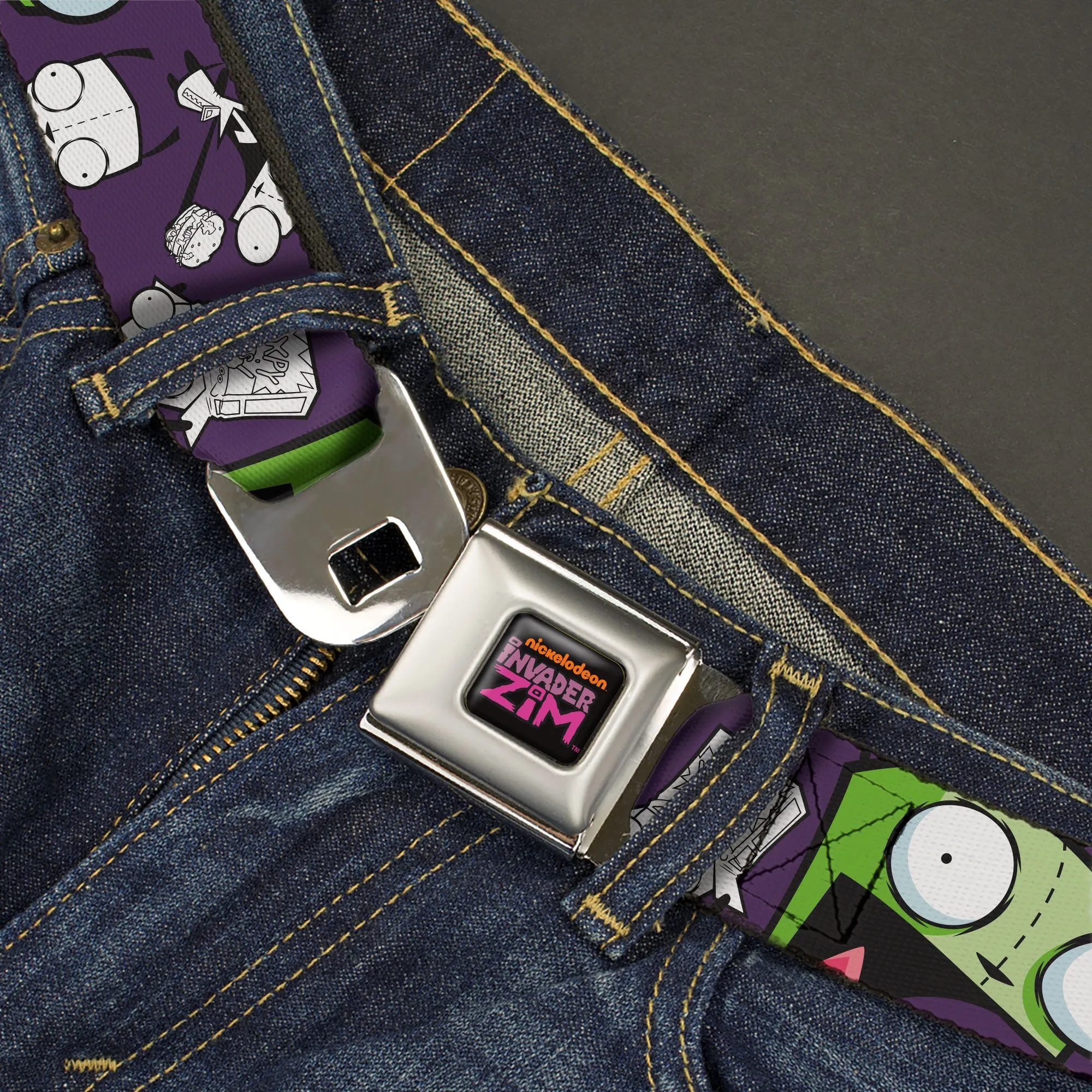 INVADER ZIM Title Logo Full Color Pink/Green Seatbelt Belt - Invader Zim GIR Poses and Sketch Purple Webbing