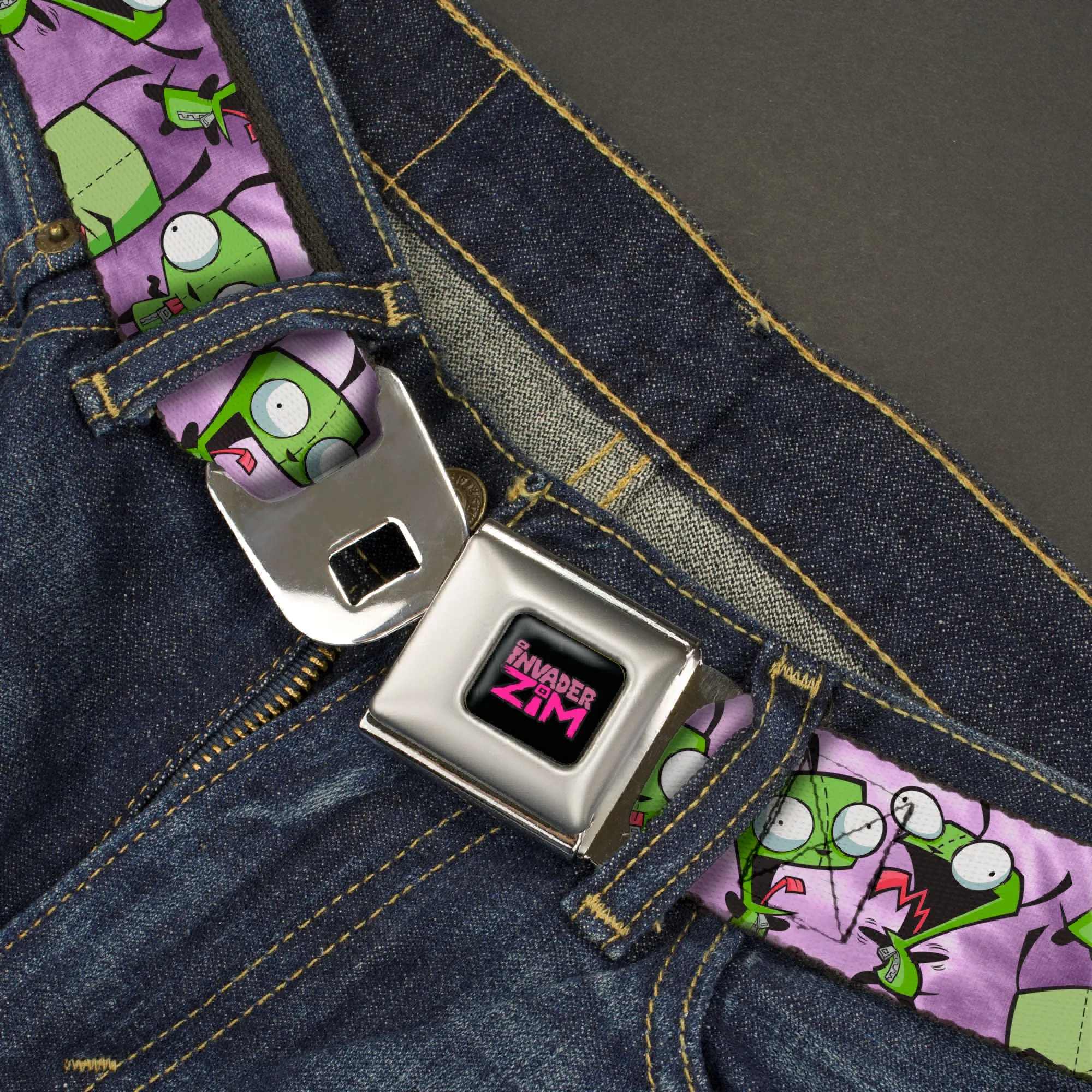 INVADER ZIM Title Logo Full Color Pink/Green Seatbelt Belt - Invader Zim GIR Poses Tie Dye Blues Webbing