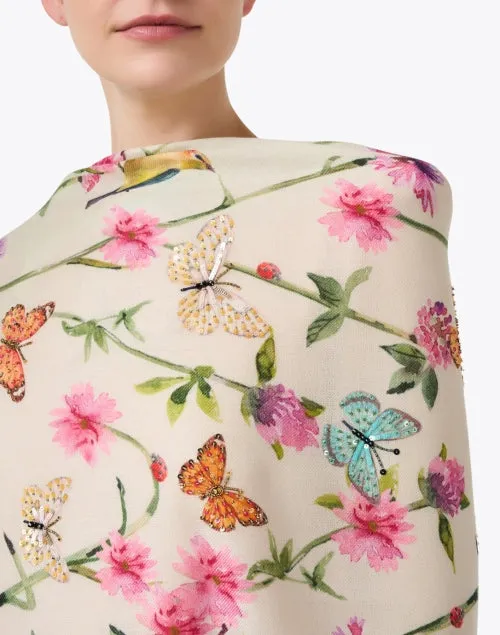 Ivory Floral Print Beaded Scarf