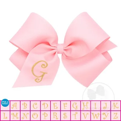 King Light Pink w/Metallic Gold Initial Hair Bow on Clippie