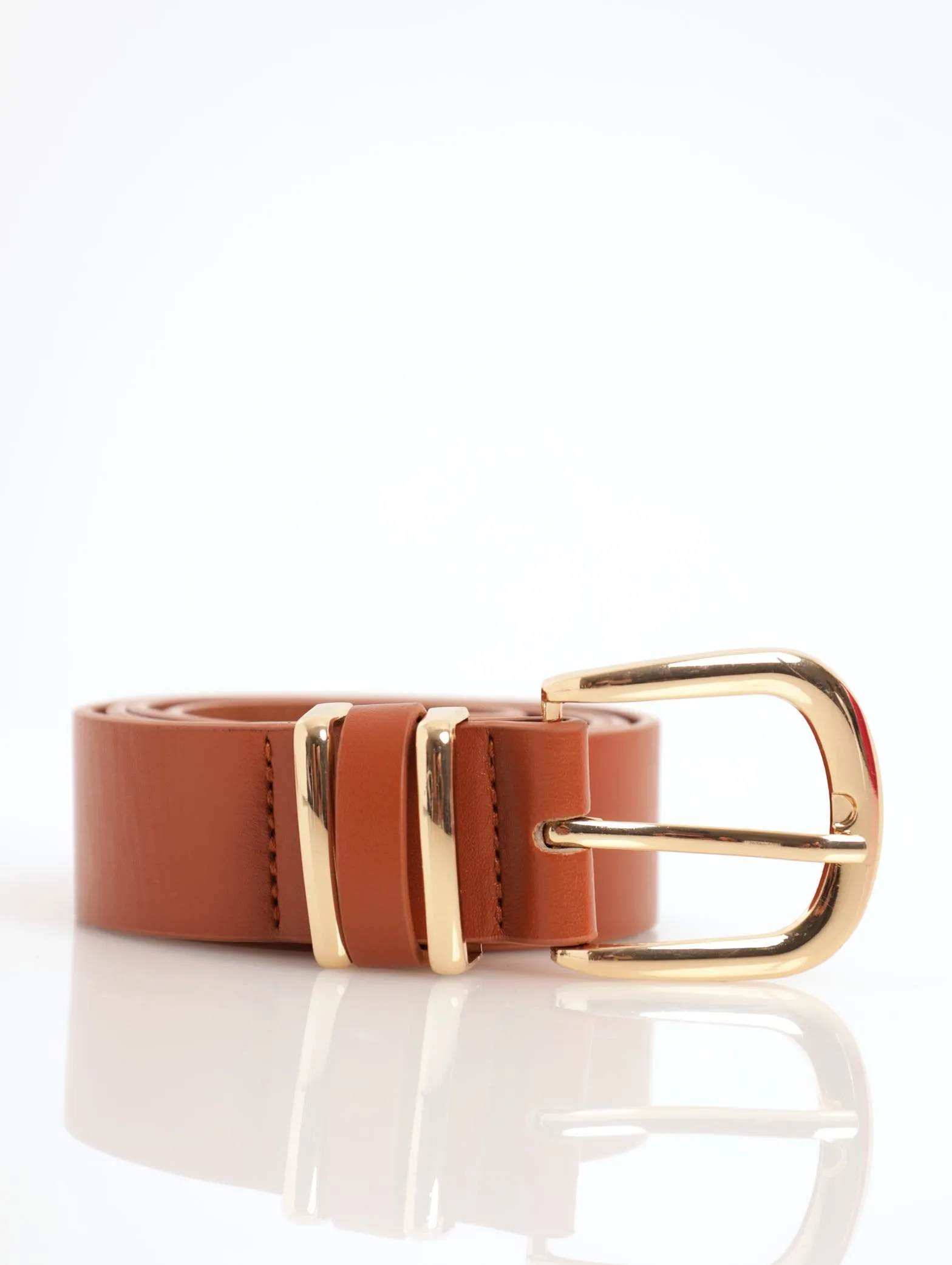 Ladies Rounded Buckle Double Gold Loop Belt - Tan