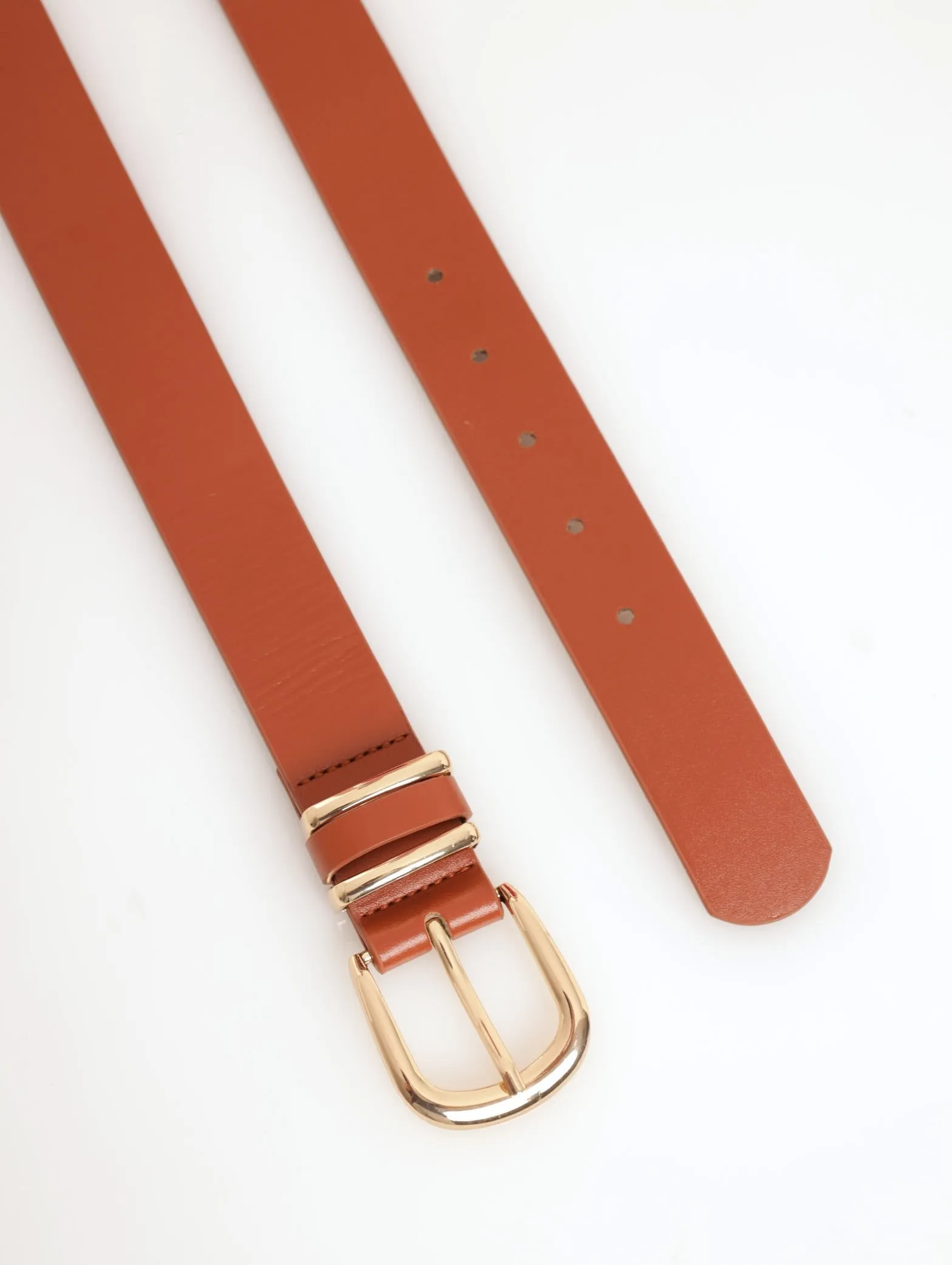 Ladies Rounded Buckle Double Gold Loop Belt - Tan