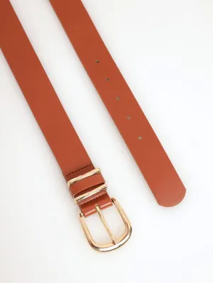 Ladies Rounded Buckle Double Gold Loop Belt - Tan
