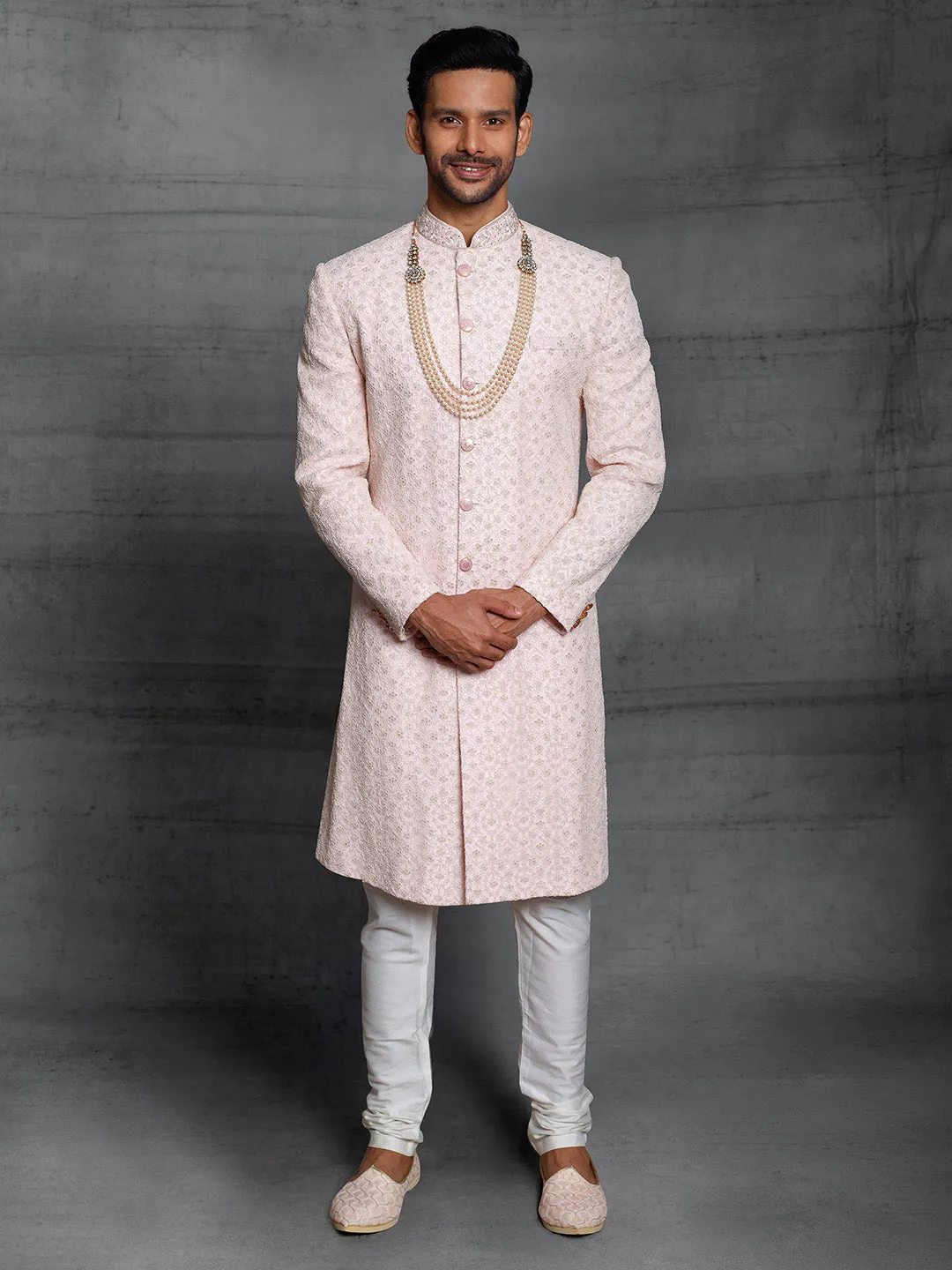 Light Pink Sherwani With Gold Zardoshi Work
