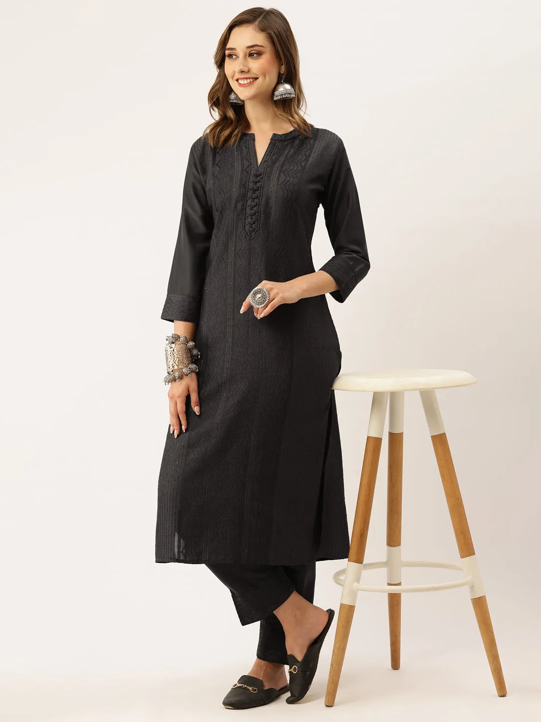 Mandarin Collar Chanderi Silk Fabric All Over Chikankari Embroidery With Sequin Work DarkGrey Kurta Set For Women - ZOLA