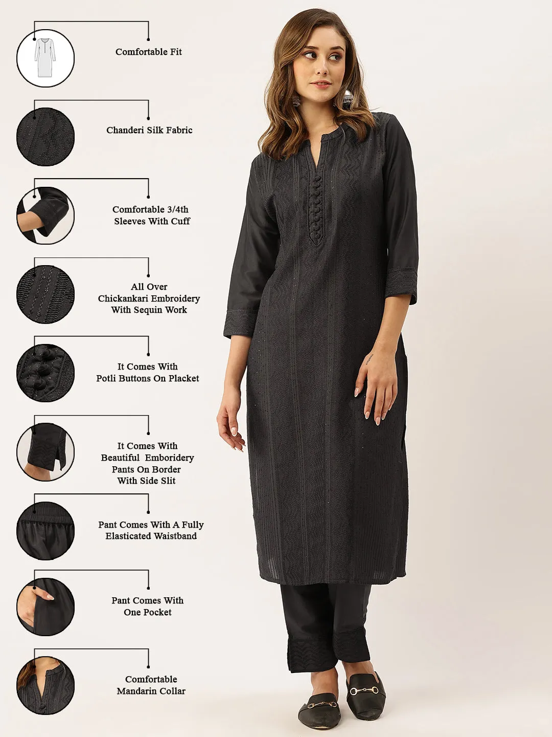 Mandarin Collar Chanderi Silk Fabric All Over Chikankari Embroidery With Sequin Work DarkGrey Kurta Set For Women - ZOLA