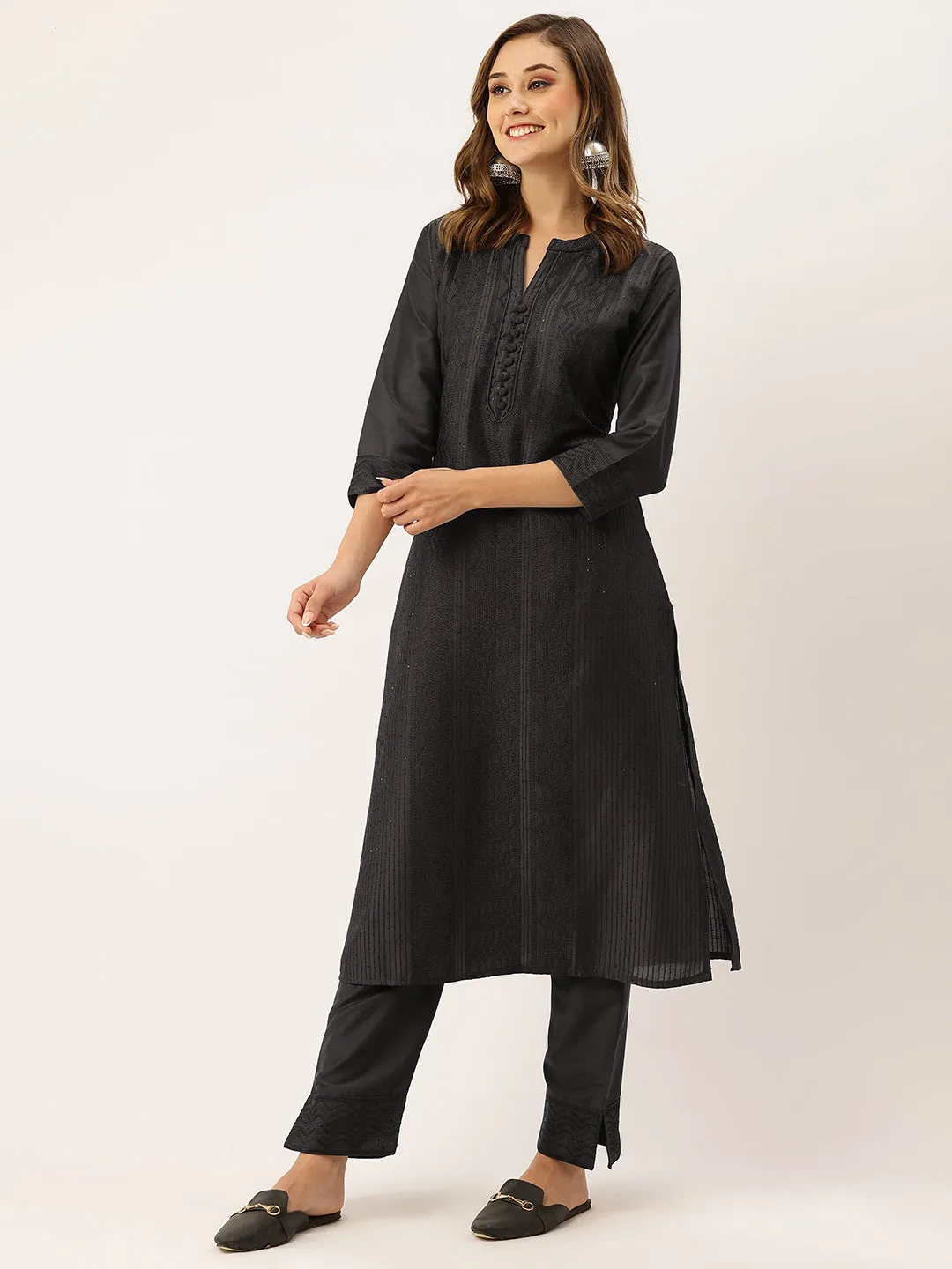 Mandarin Collar Chanderi Silk Fabric All Over Chikankari Embroidery With Sequin Work DarkGrey Kurta Set For Women - ZOLA