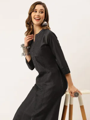 Mandarin Collar Chanderi Silk Fabric All Over Chikankari Embroidery With Sequin Work DarkGrey Kurta Set For Women - ZOLA