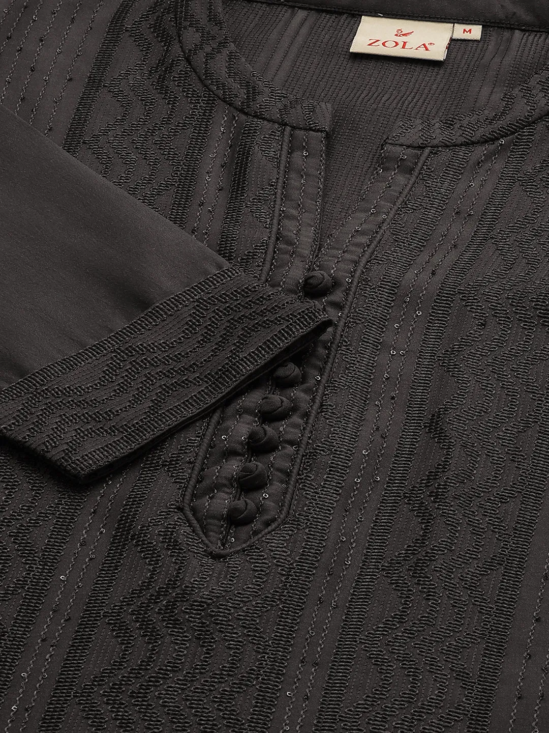 Mandarin Collar Chanderi Silk Fabric All Over Chikankari Embroidery With Sequin Work DarkGrey Kurta Set For Women - ZOLA