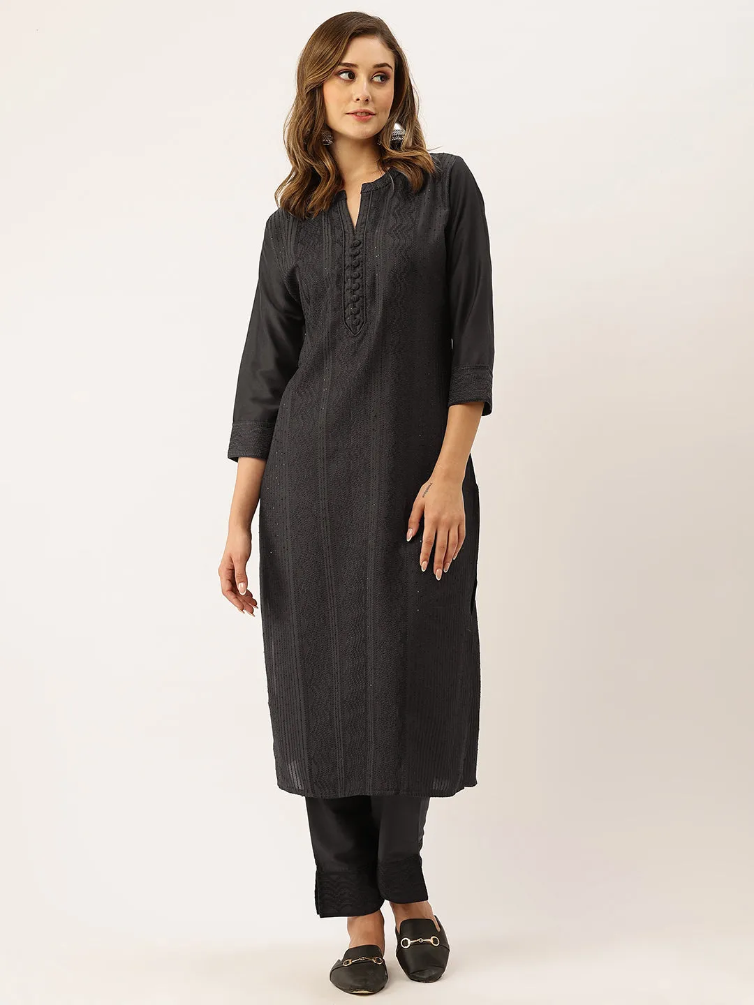 Mandarin Collar Chanderi Silk Fabric All Over Chikankari Embroidery With Sequin Work DarkGrey Kurta Set For Women - ZOLA