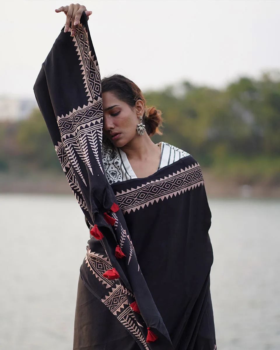 Mansi Blockprinted Modal Silk Saree - Jaisal