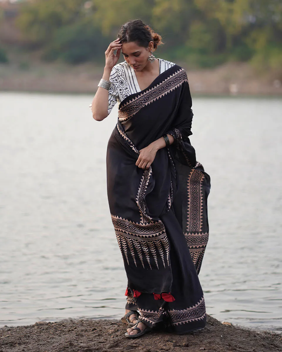 Mansi Blockprinted Modal Silk Saree - Jaisal