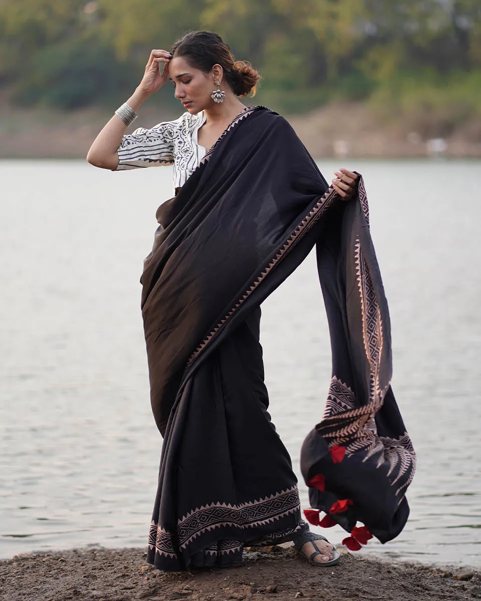 Mansi Blockprinted Modal Silk Saree - Jaisal