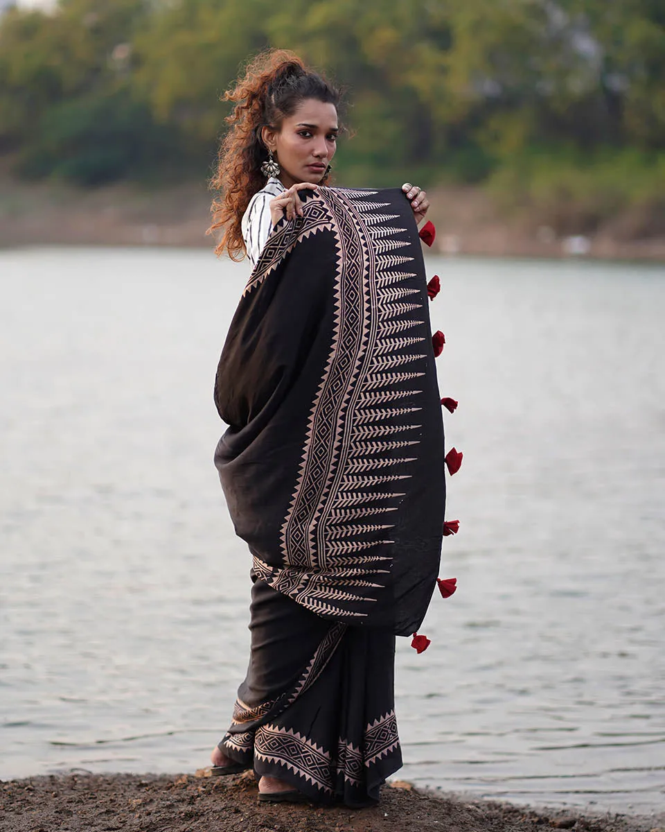 Mansi Blockprinted Modal Silk Saree - Jaisal