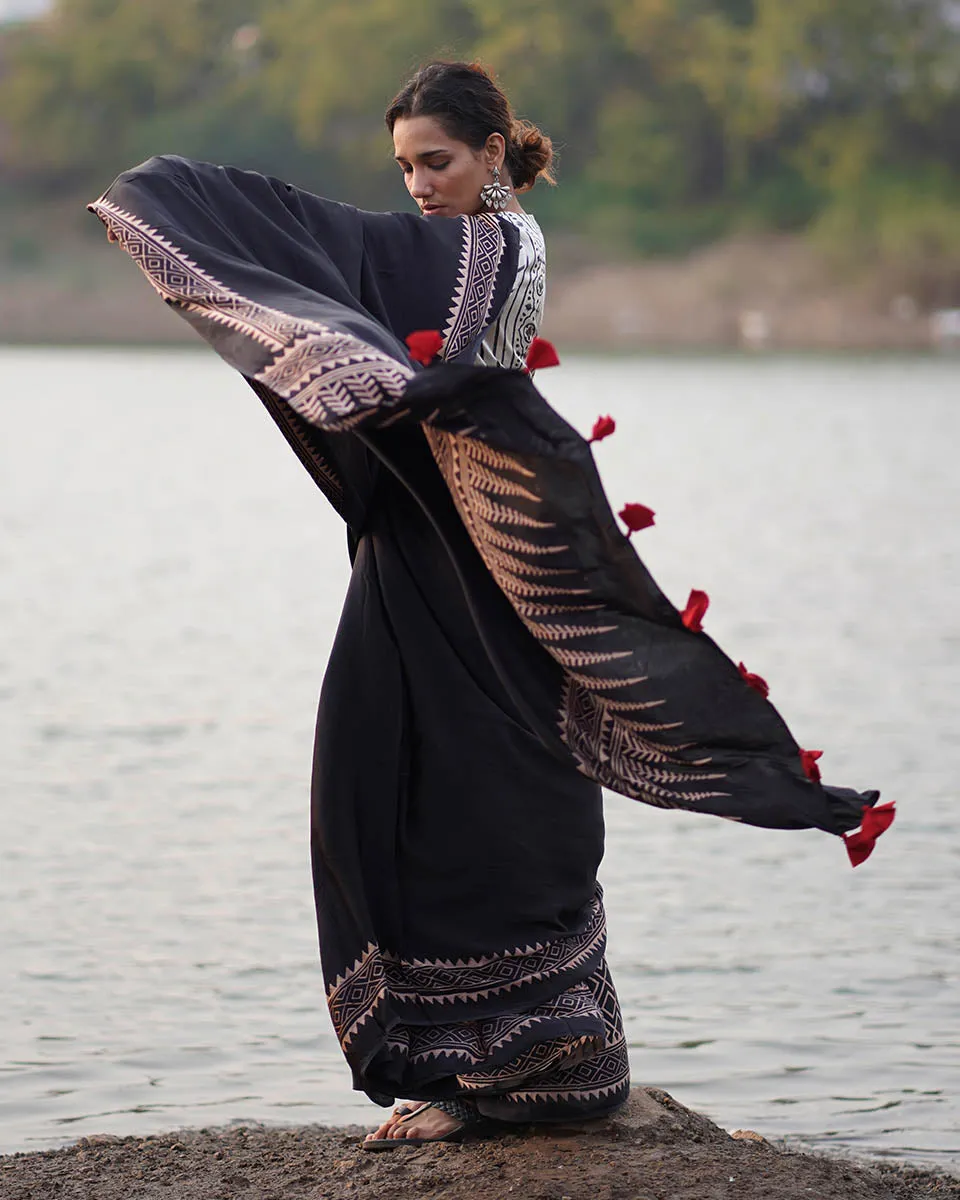 Mansi Blockprinted Modal Silk Saree - Jaisal