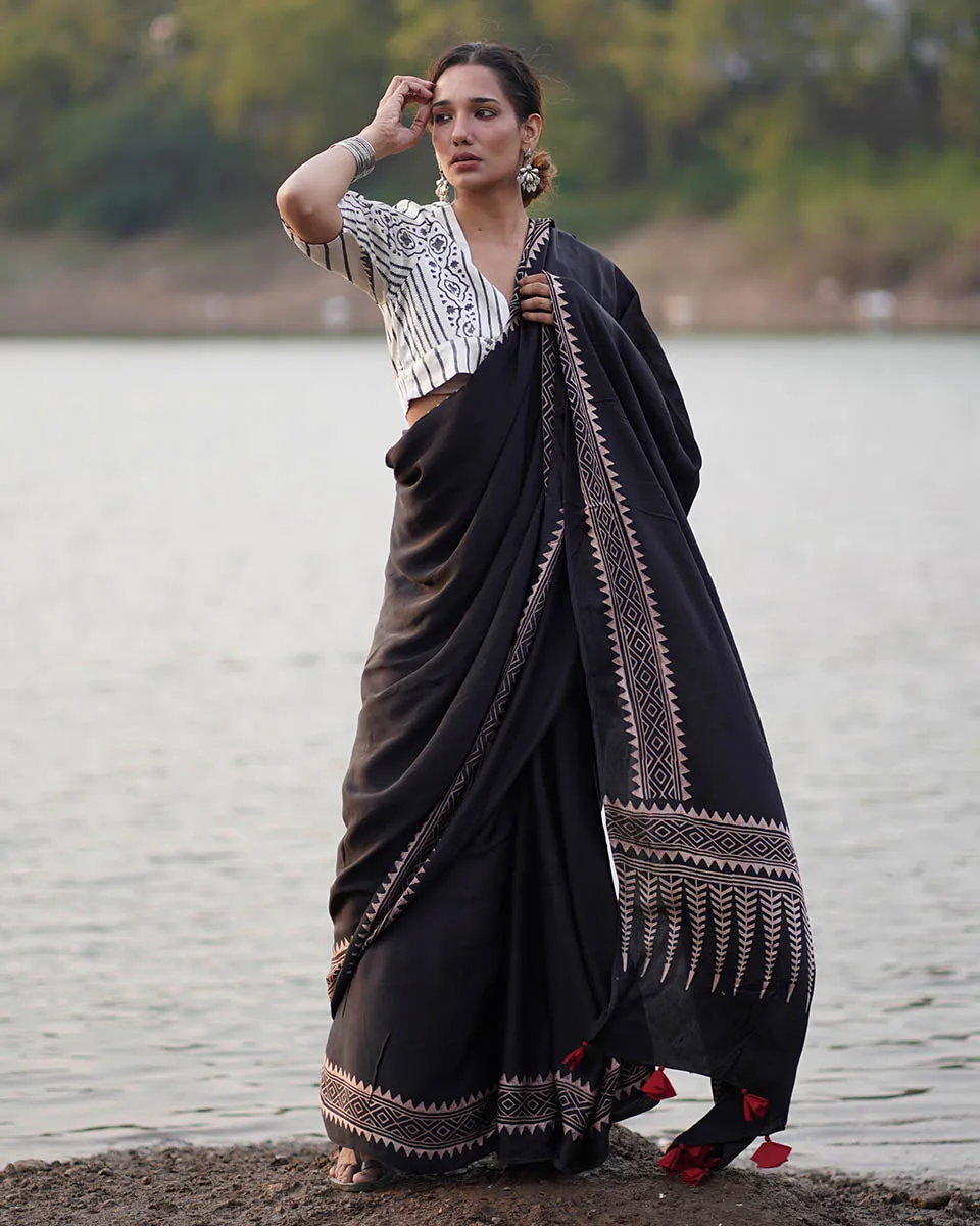 Mansi Blockprinted Modal Silk Saree - Jaisal