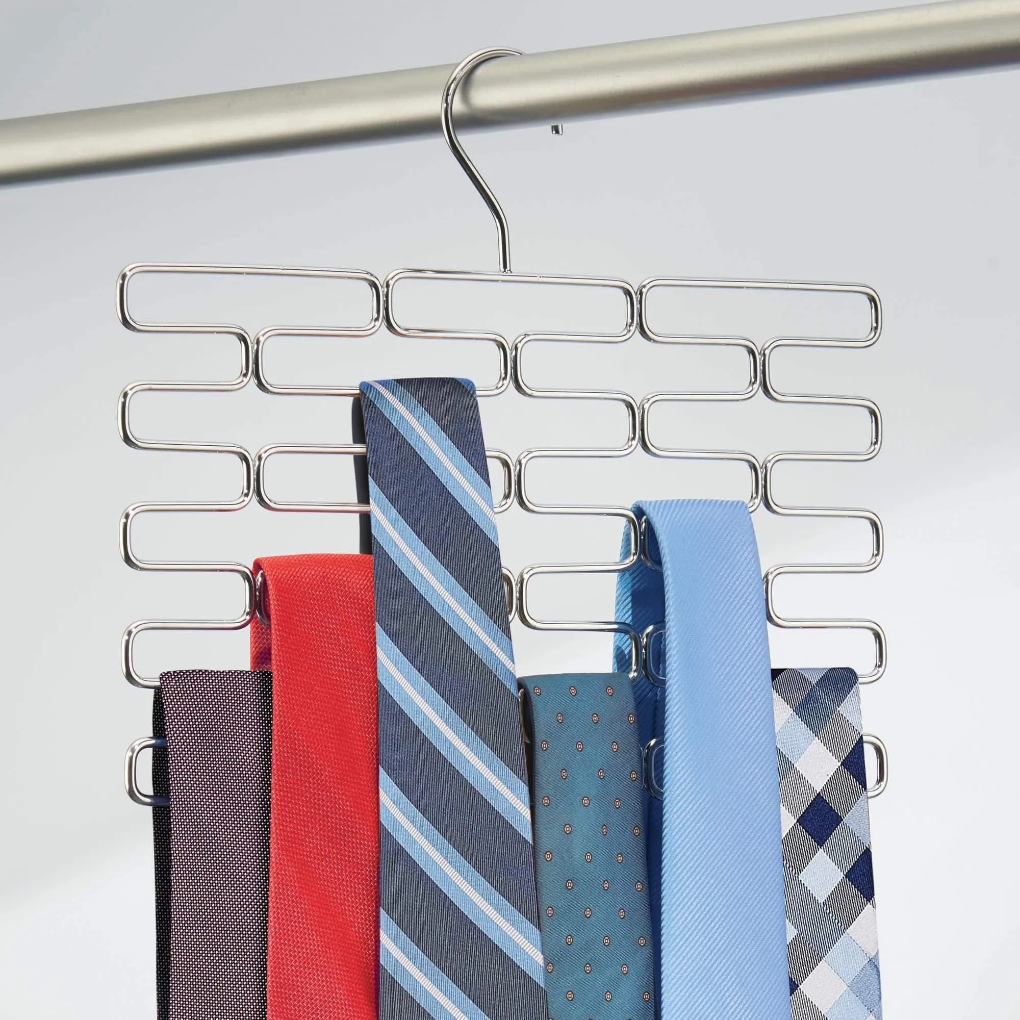 mDesign Metal Closet Over Rod Hanging Clothing and Accessory Organizer for Scarves, Wraps, Tights, Ties - Snag Free Design - 23 Sections, Modern Geometric Wire Design - 2 Pack - Chrome