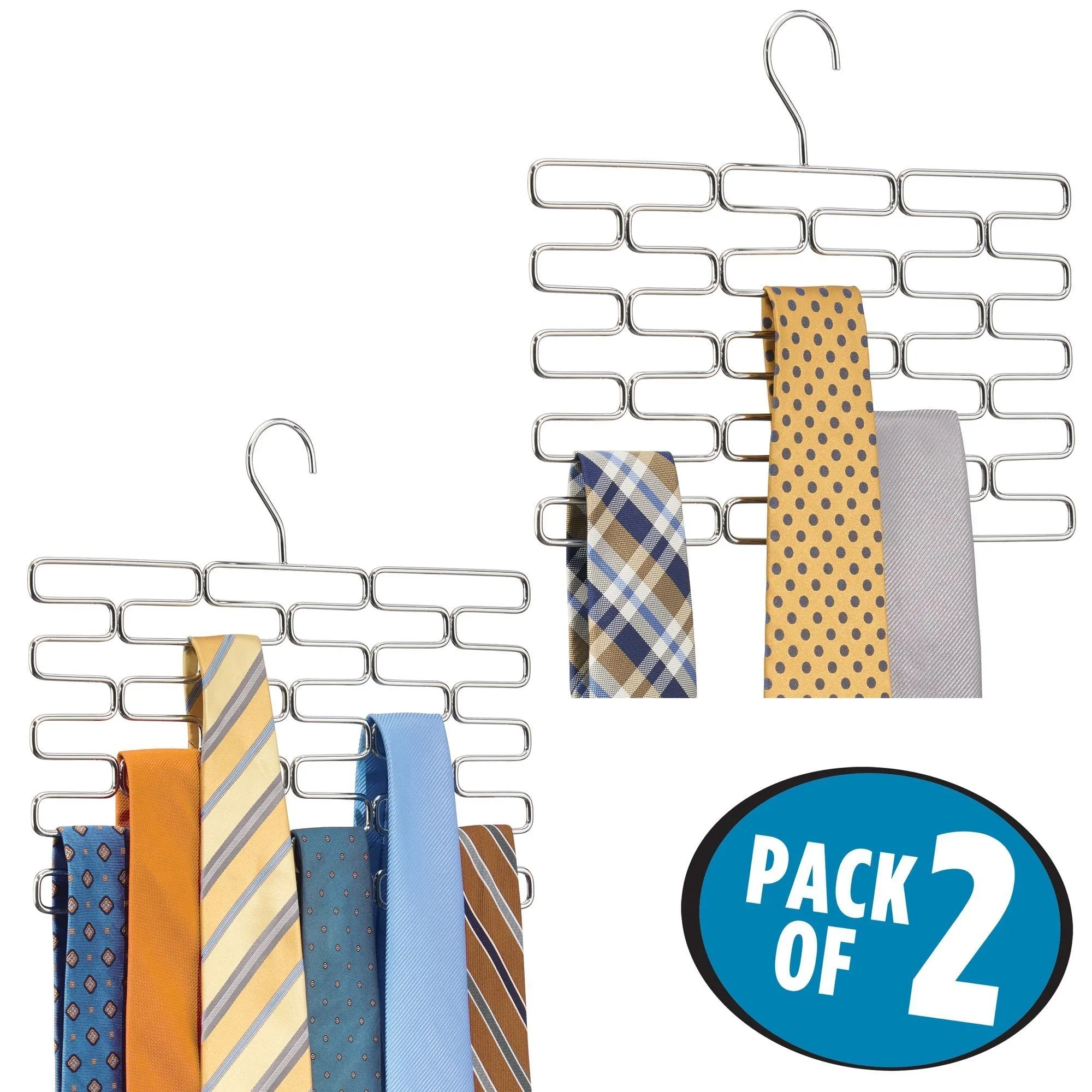 mDesign Metal Closet Over Rod Hanging Clothing and Accessory Organizer for Scarves, Wraps, Tights, Ties - Snag Free Design - 23 Sections, Modern Geometric Wire Design - 2 Pack - Chrome