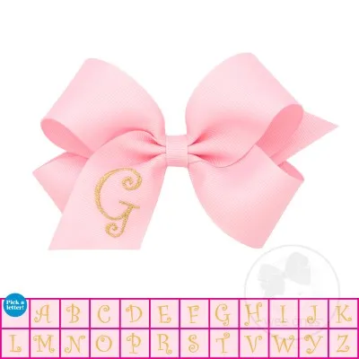Medium Light Pink w/Metallic Gold Initial Hair Bow on Clippie