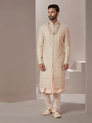 Mens Dapper Sherwani in Gold and Peach