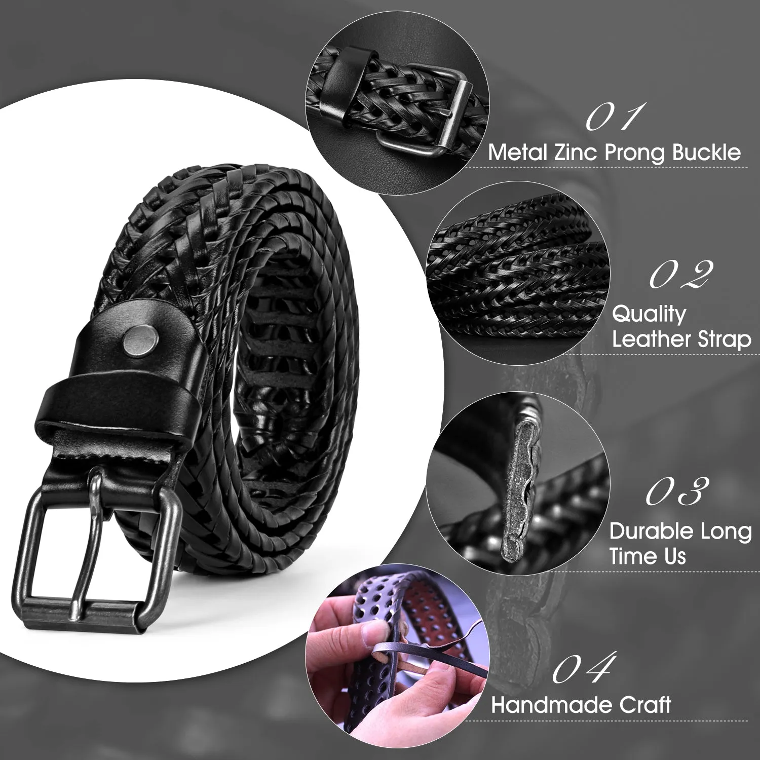 Men’s Leather Braided Belt, JASGOOD Cowhide Leather Woven Belt for Jeans 1.3 Inch Wide with Prong Buckle
