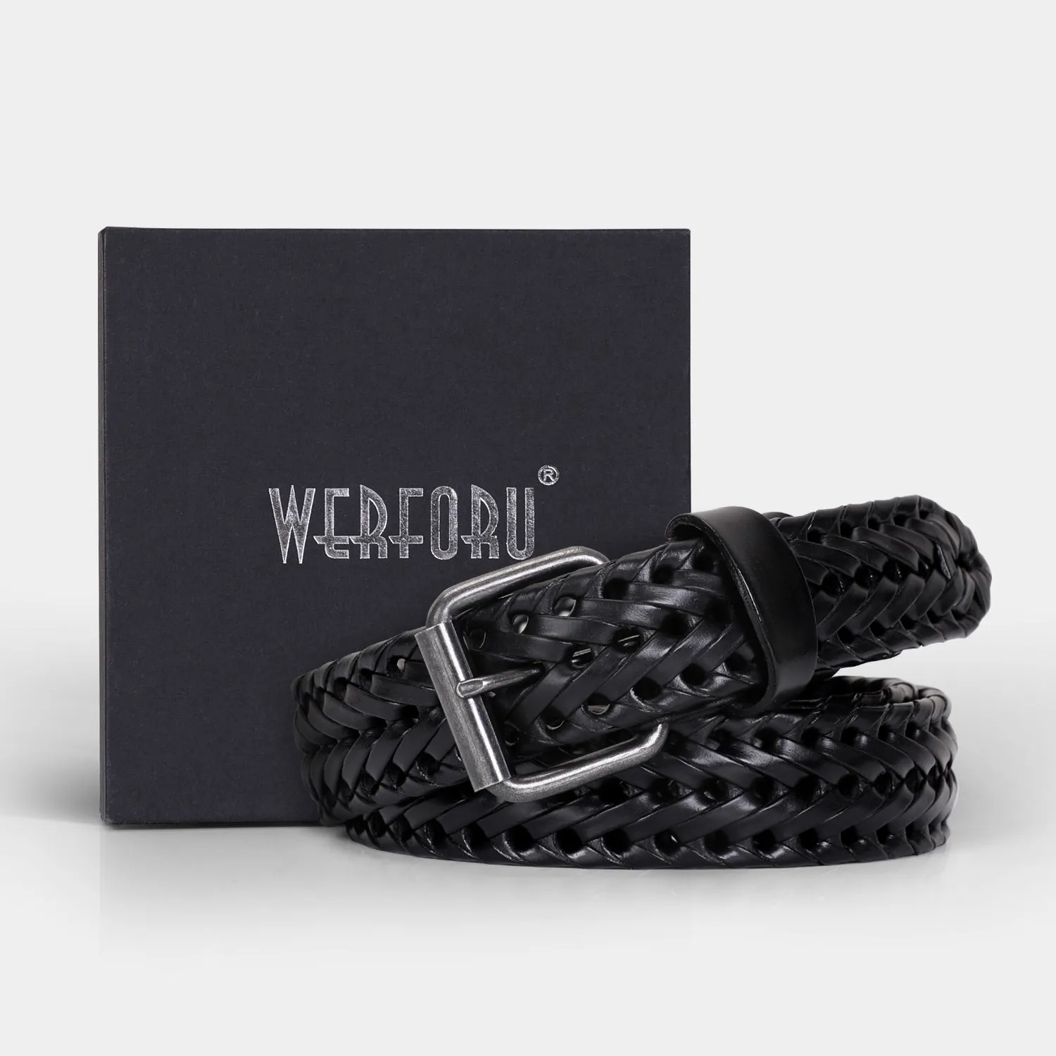 Men’s Leather Braided Belt, JASGOOD Cowhide Leather Woven Belt for Jeans 1.3 Inch Wide with Prong Buckle