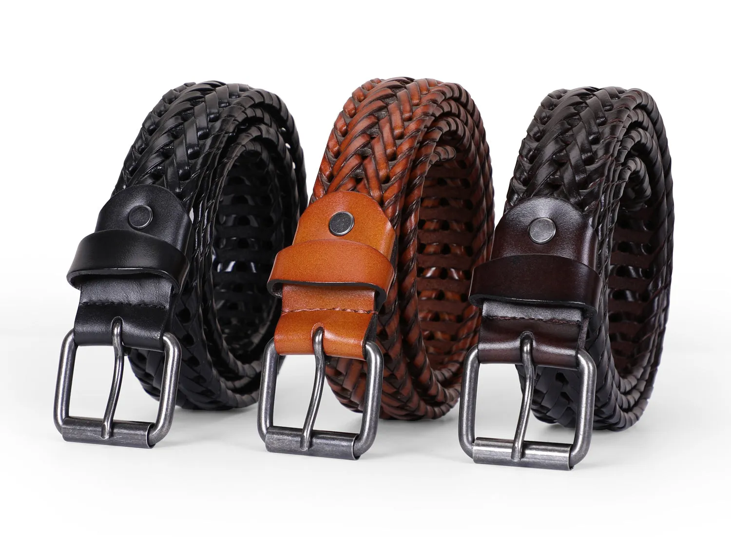Men’s Leather Braided Belt, JASGOOD Cowhide Leather Woven Belt for Jeans 1.3 Inch Wide with Prong Buckle