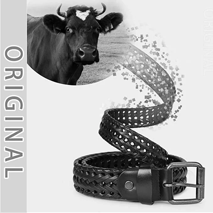 Men’s Leather Braided Belt, JASGOOD Cowhide Leather Woven Belt for Jeans 1.3 Inch Wide with Prong Buckle