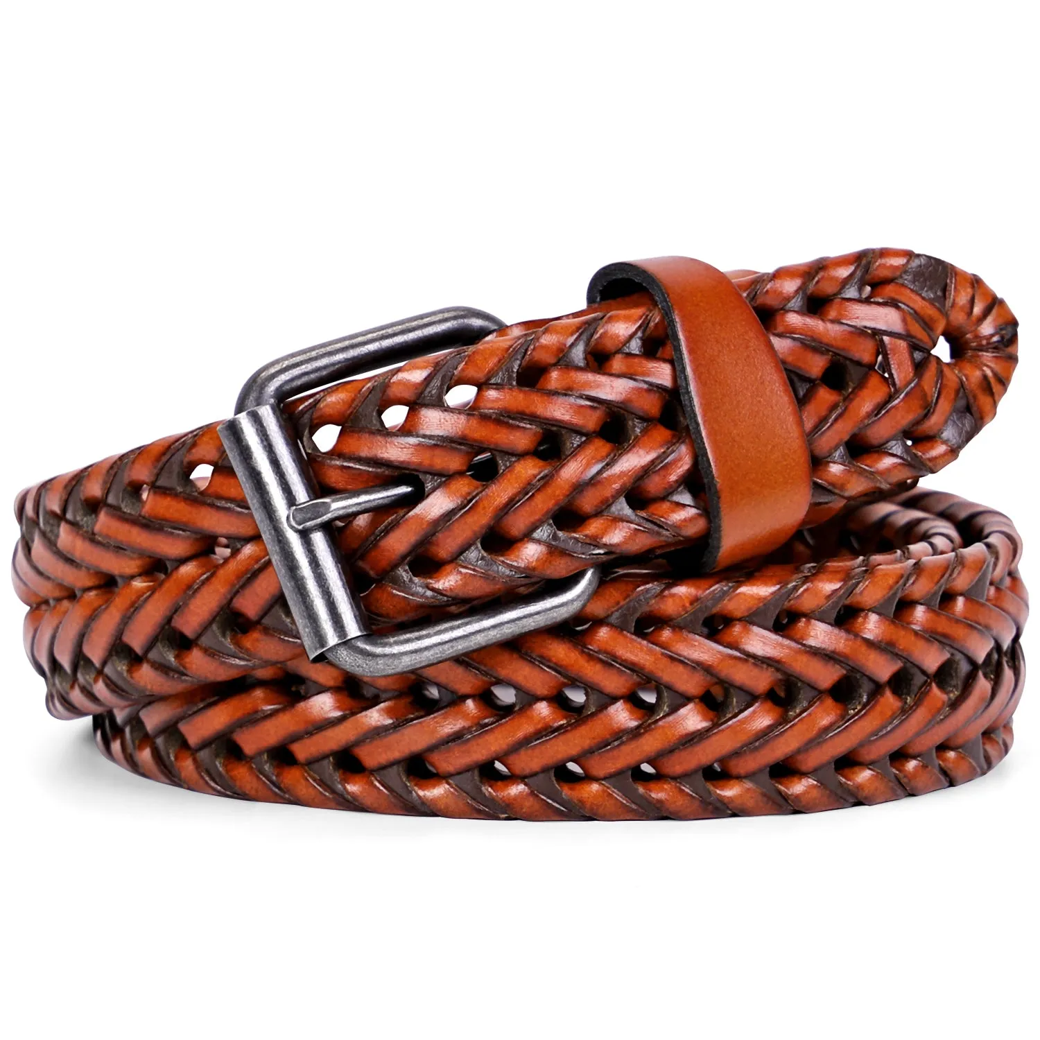 Men’s Leather Braided Belt, JASGOOD Cowhide Leather Woven Belt for Jeans 1.3 Inch Wide with Prong Buckle