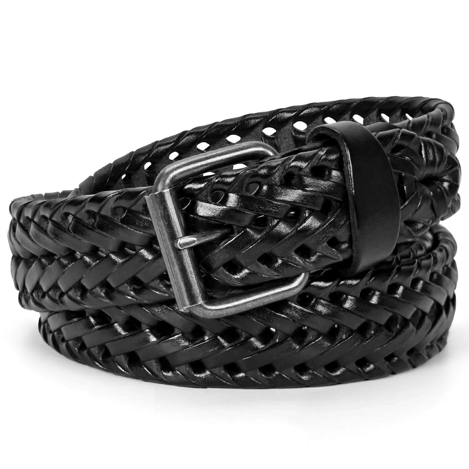 Men’s Leather Braided Belt, JASGOOD Cowhide Leather Woven Belt for Jeans 1.3 Inch Wide with Prong Buckle