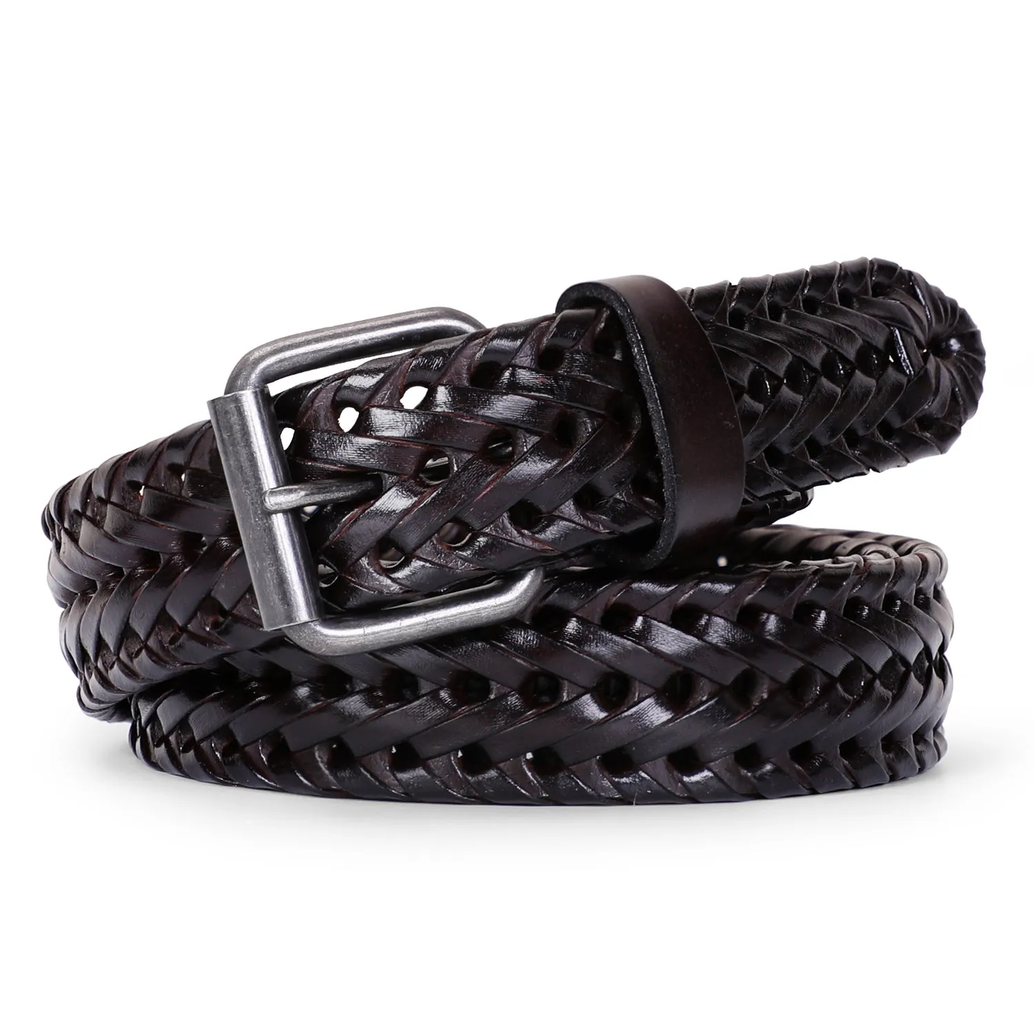 Men’s Leather Braided Belt, JASGOOD Cowhide Leather Woven Belt for Jeans 1.3 Inch Wide with Prong Buckle