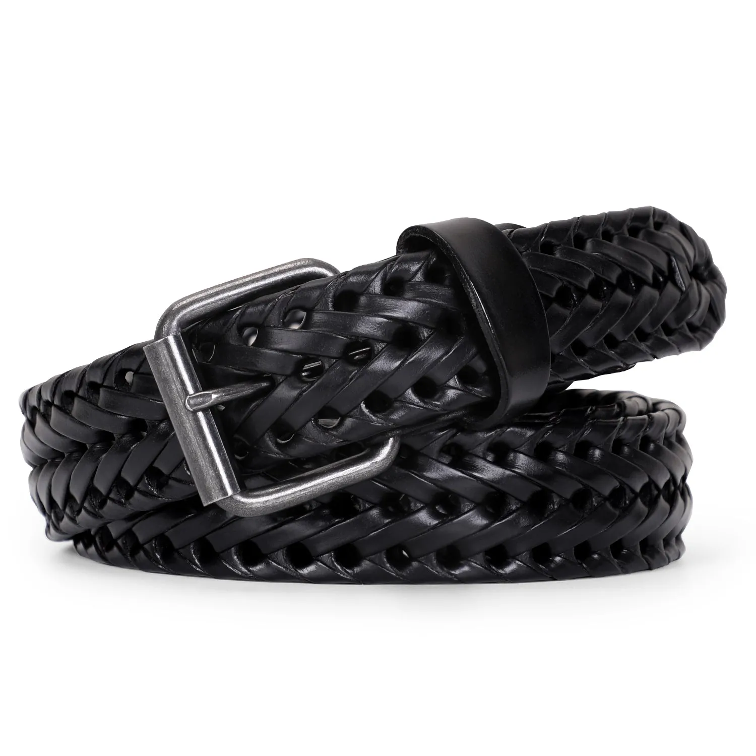Men’s Leather Braided Belt, JASGOOD Cowhide Leather Woven Belt for Jeans 1.3 Inch Wide with Prong Buckle