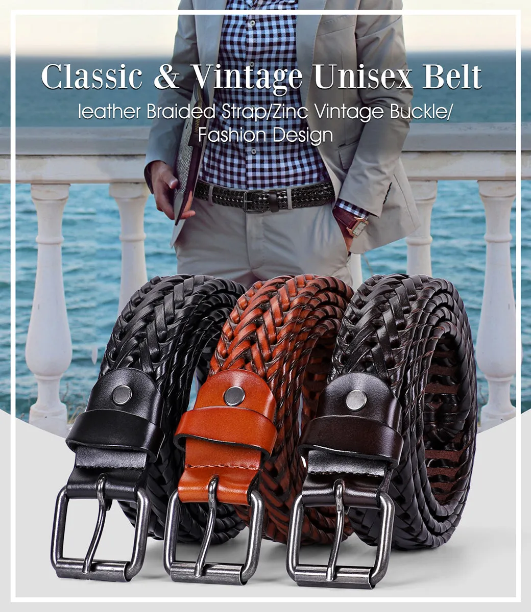 Men’s Leather Braided Belt, JASGOOD Cowhide Leather Woven Belt for Jeans 1.3 Inch Wide with Prong Buckle