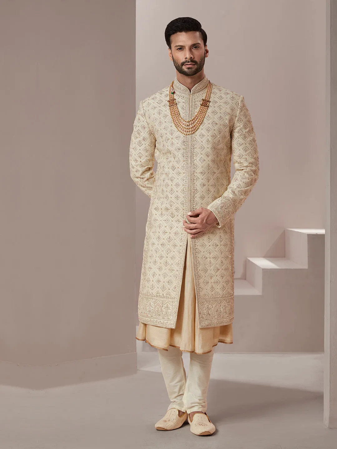 Men's Light Golden Stellar Silk Sherwani