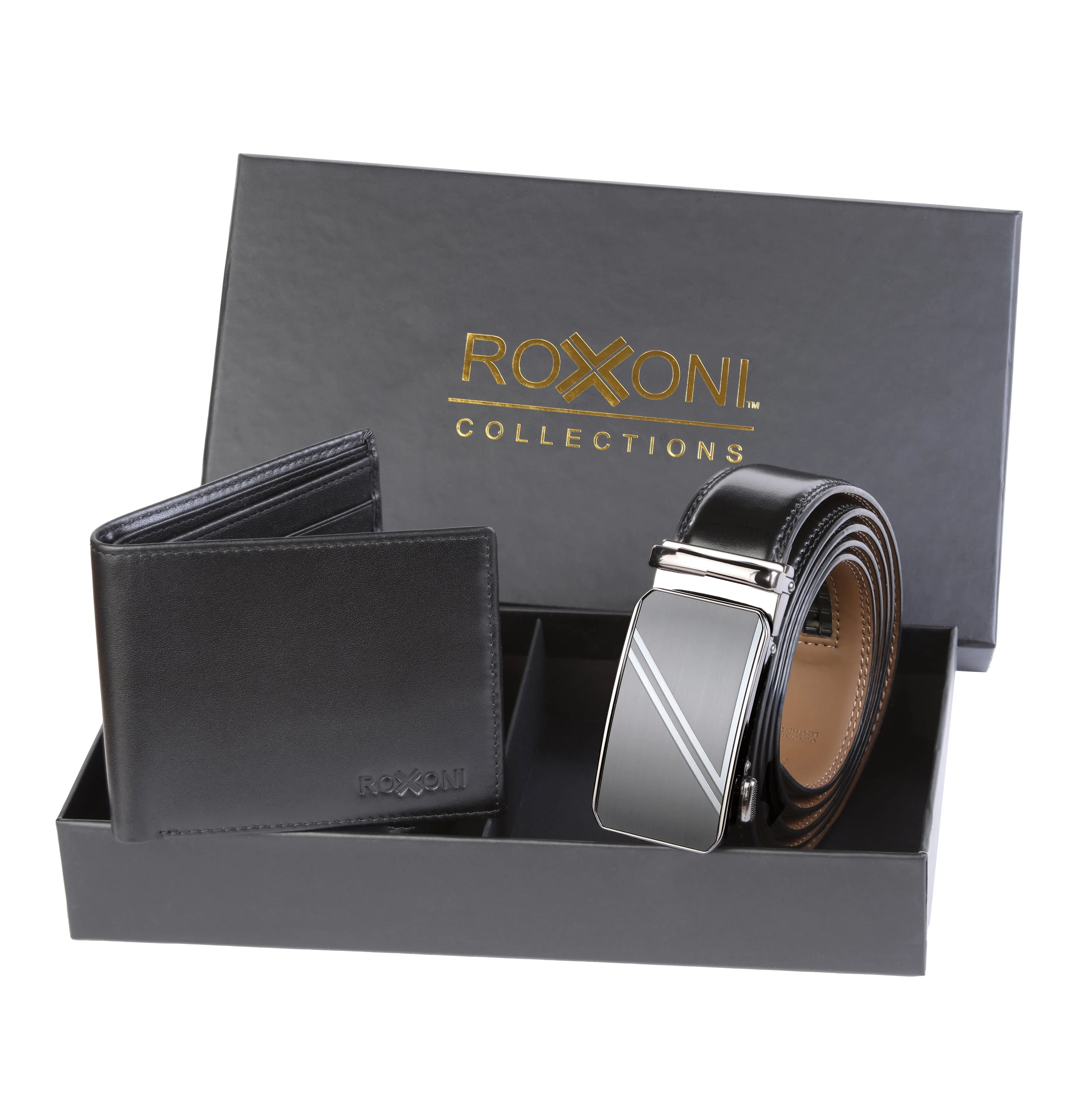 Men's Roxoni Ultra Soft Genuine Leather Rachet Belt and Wallet Gift Box