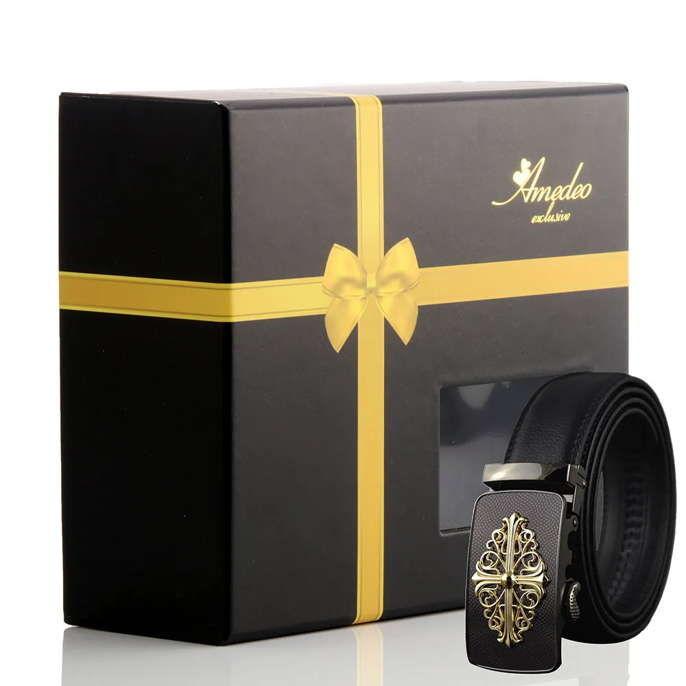 Men's Smart Ratchet No Holes Automatic Buckle Belt in Gold & Black Color