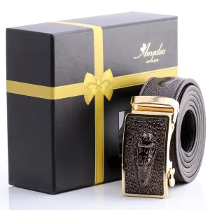 Men's Smart Ratchet No Holes Automatic Buckle Belt in Gold & Brown Alligator Color